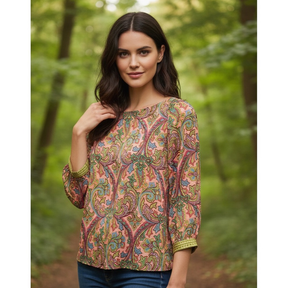 Loft Coral Pink Paisley Satin Top Petite Whimsy Boho Artsy Chic Office Size‎ PS